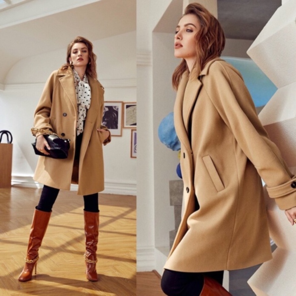 Cozy Camel khaki long trench peacoat tan button Oversized - Picture 5 of 6